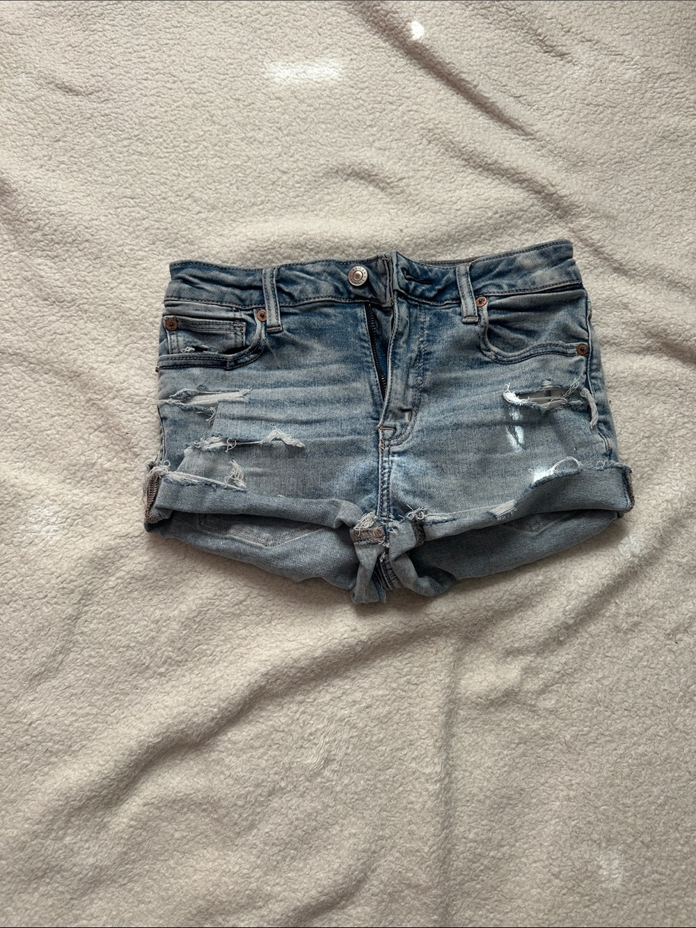American Eagle Light Blue Distressed Denim/jean Shorts, size 0, can fit a small.